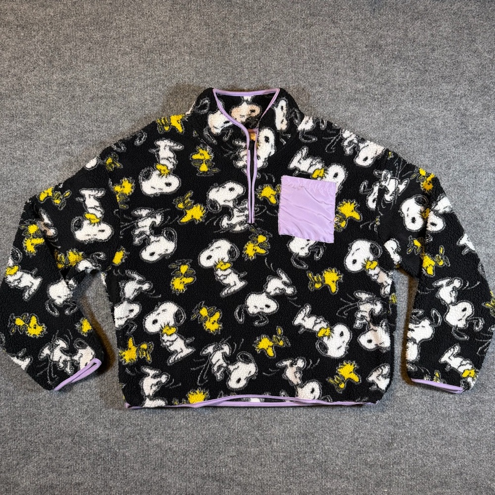 Peanuts Snoopy & Woodstock‎ Womens L Quarter Zip Fleece Sweater Pullover